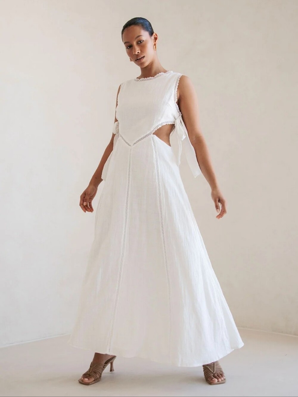 White Maxi Dress with Side Cutouts and Tie Details